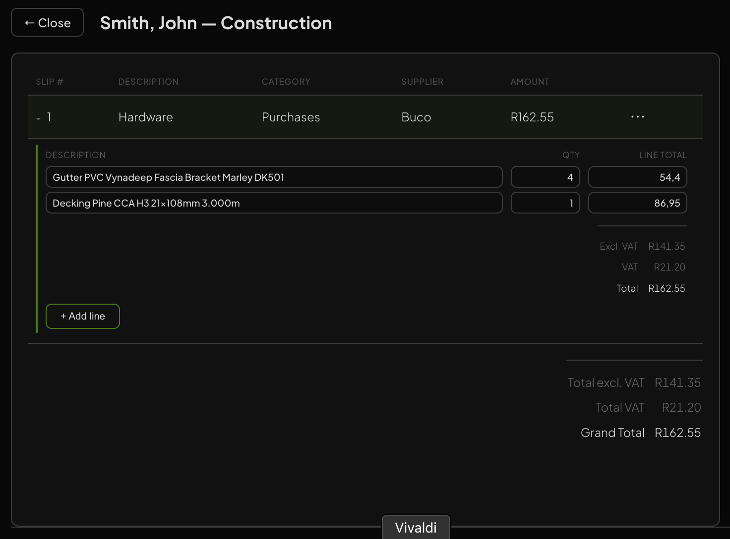 Expanded line item detail showing OCR-read descriptions, quantities and totals