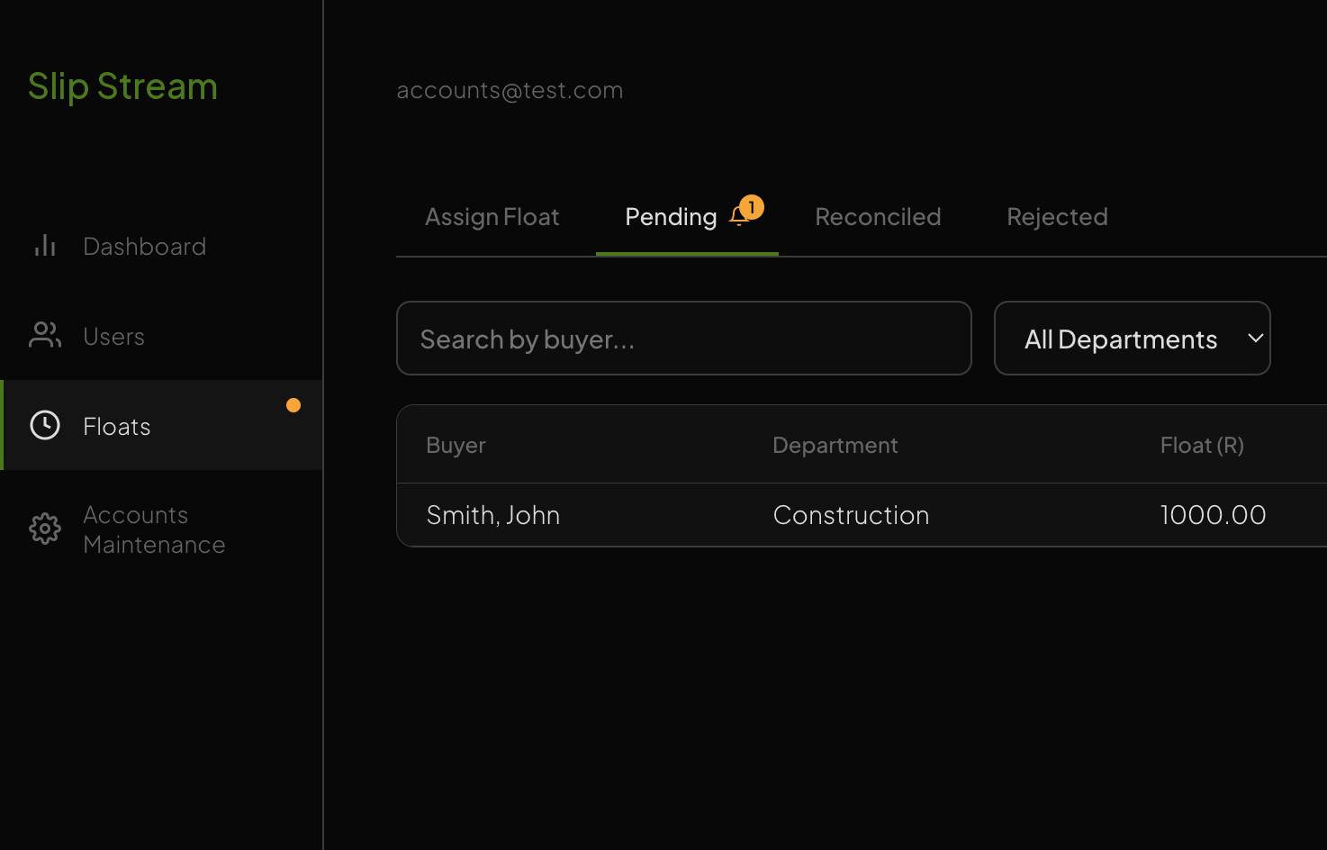Pending tab showing the float waiting for review