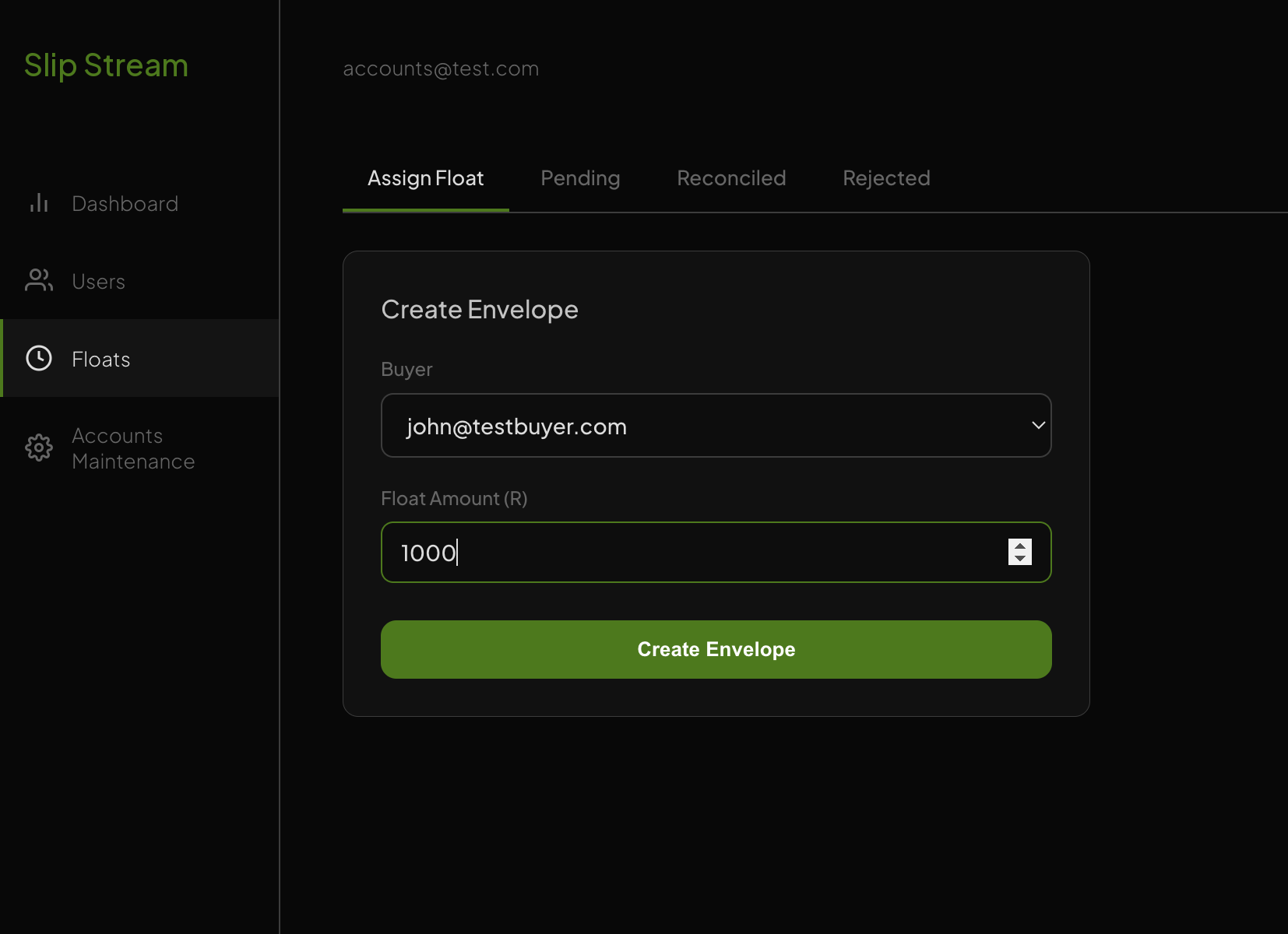 Create Envelope form with buyer selected from dropdown and float amount entered