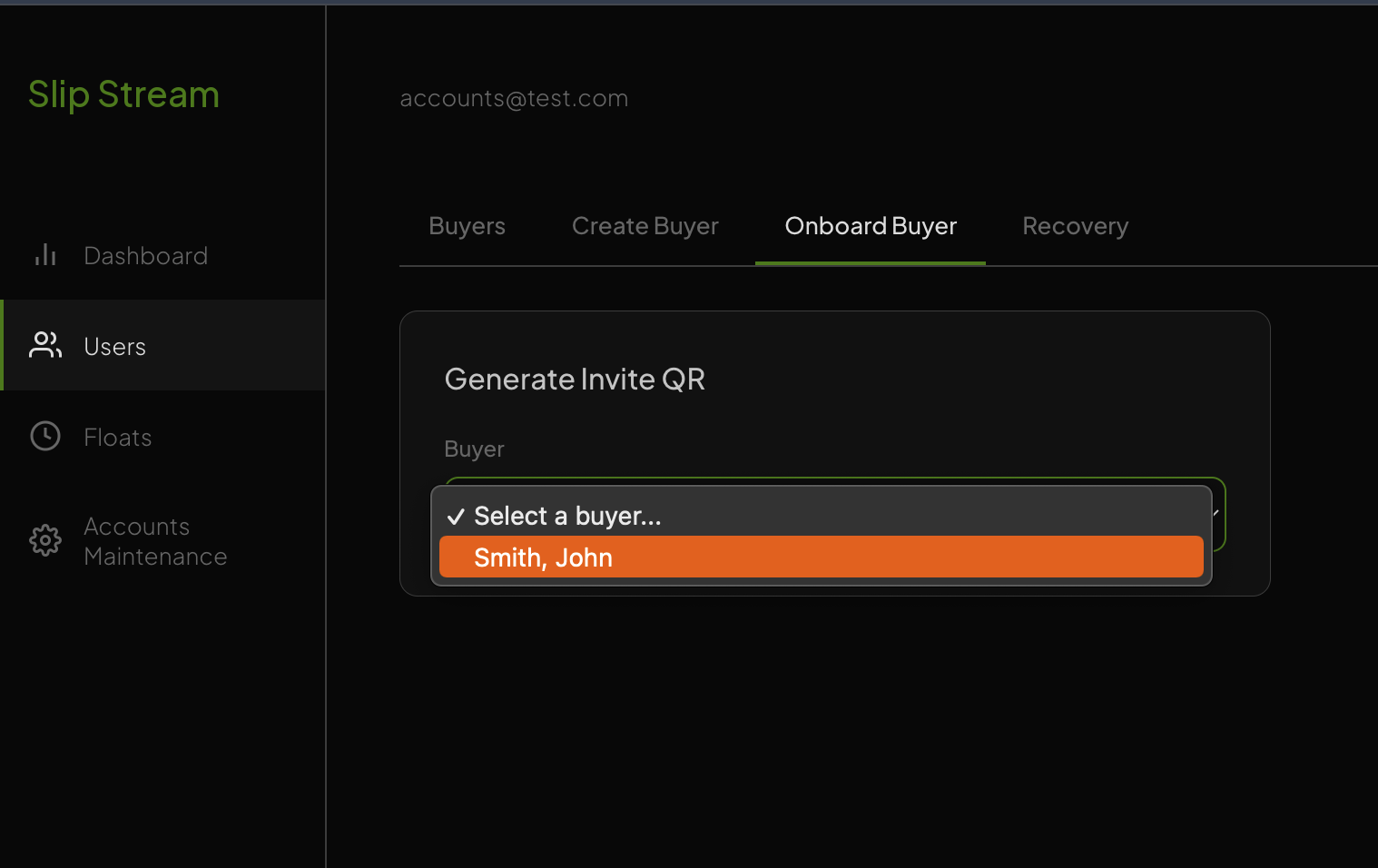Onboard Buyer screen with the new buyer selected