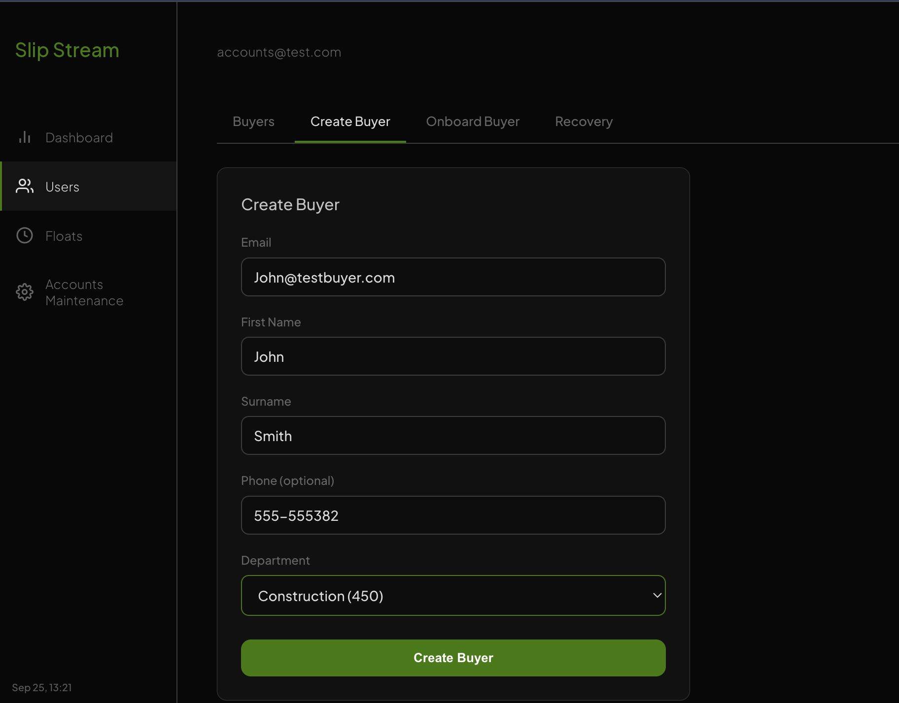 Create Buyer form filled in for a new buyer