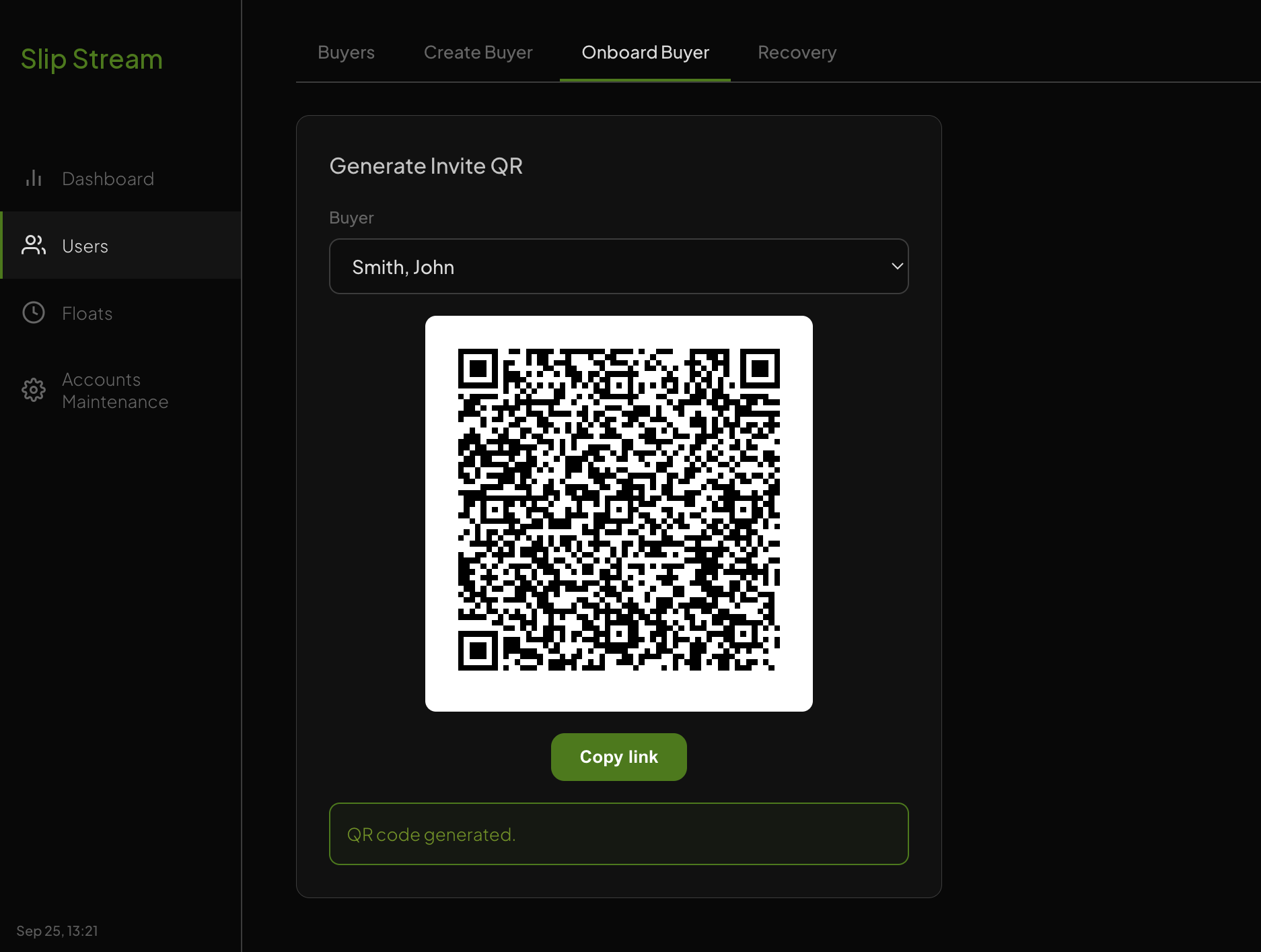 Invite QR code generated for the buyer