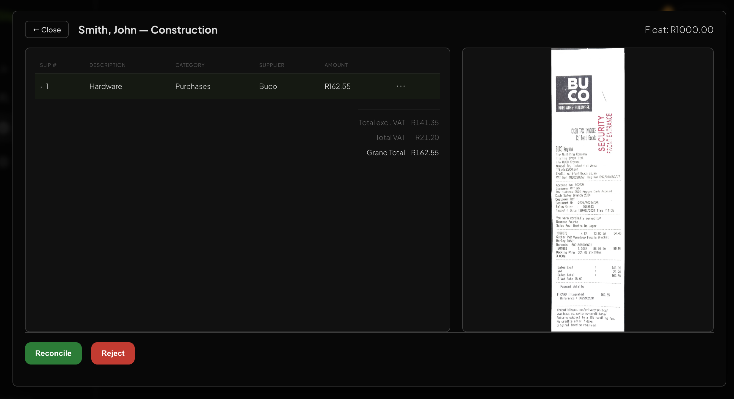 Slip review screen with line items on the left and the receipt photo on the right