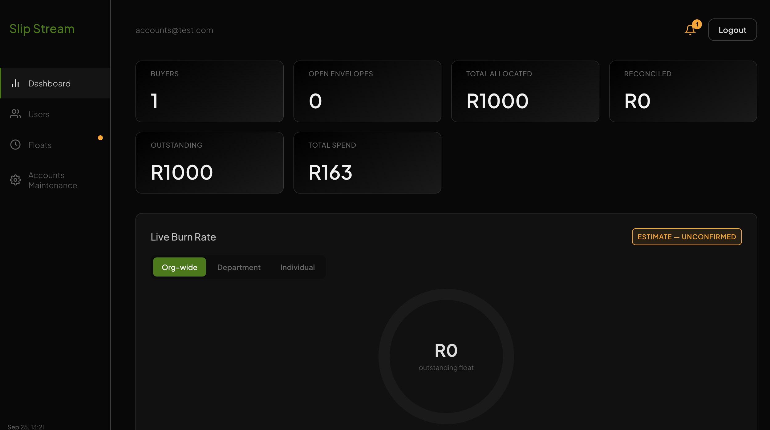 Dashboard header showing the notification bell lit up with a count of 1