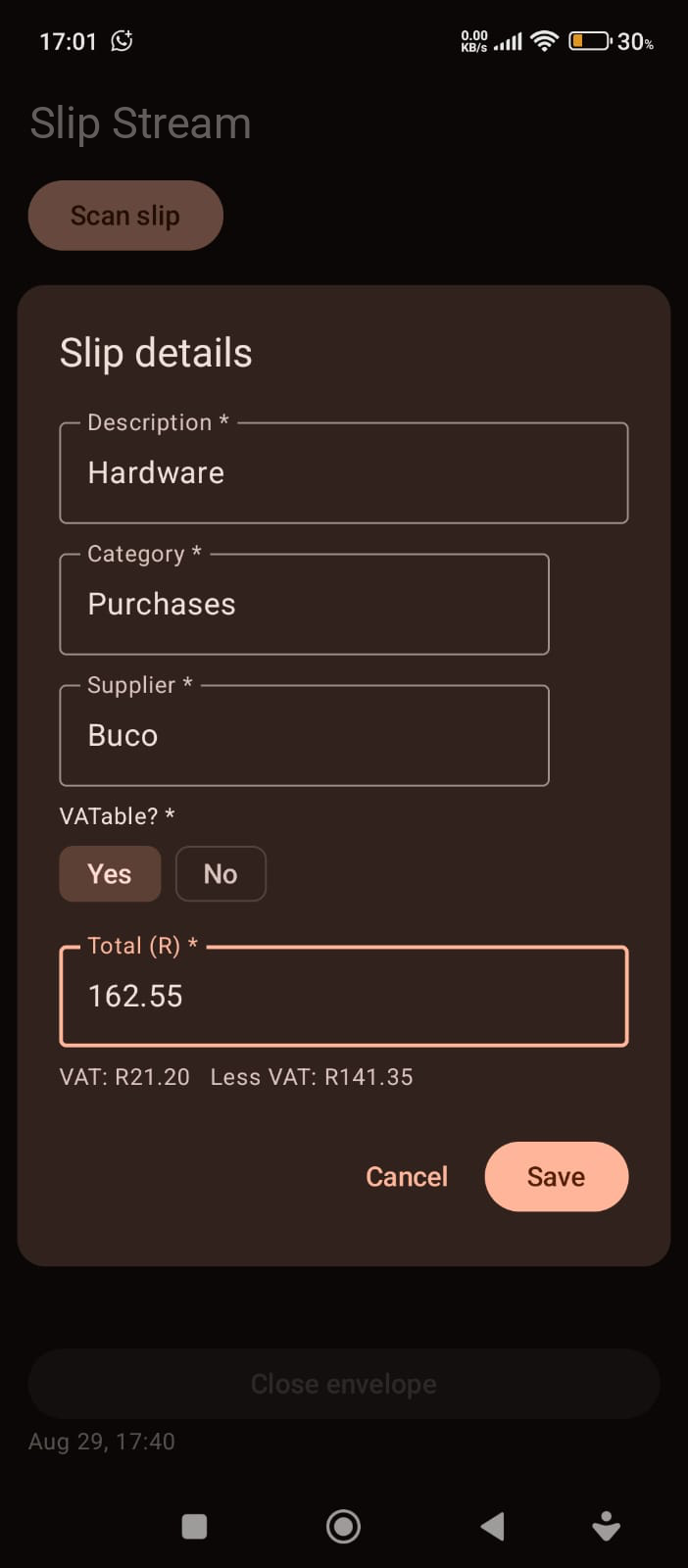 Slip details form with description, category, supplier and total filled in