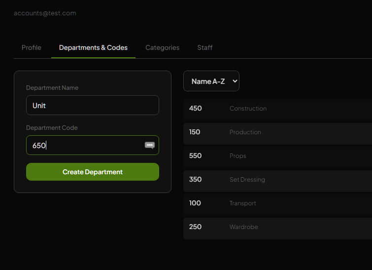 Departments and Codes tab with a new department being created