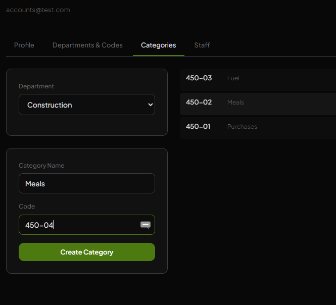 Categories tab with category codes under the Construction department
